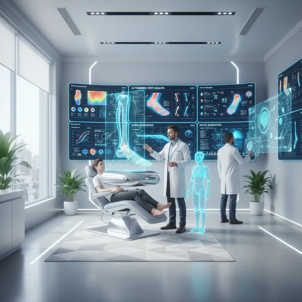 Agentic AI is transforming the health care industry WeTreatFeet Podiatry clinic with podiatrists interacting with AI-powered digital assistants and holographic foot diagnostics in a bright, modern clinical environment.