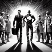 The image depicts a group of individuals in the medical field, including a suited businessman, a superhero figure, and several #doctors and nurses. The scene is portrayed in a dramatic black and white style, with strong contrasting shadows and a burst of light emanating from the center of the image. The overall composition suggests a sense of power, mystery, and the intersection of different roles and responsibilities in the medical and professional realms.