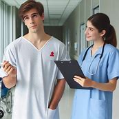 Two podiatry professionals engage in a collaborative discussion in a clinic corridor, with one wearing a white lab coat marked with the We Treat Feet Podiatry logo and holding a pen, while the other, dressed in blue medical scrubs, attentively reviews patient notes on a clipboard