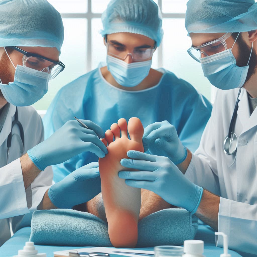 Three WETreatFeet Doctors in surgical attire, including masks and gloves, are focused on a patient’s foot in a sterile medical facility.