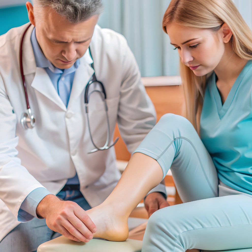 Diabetic foot treatment: Diabetic Foot Examination: A healthcare professional examining a patient's feet for signs of complications.