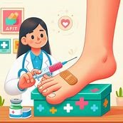 Cartoon of a doctor injecting a foot with PRP at WeTreatFeet Podiatry