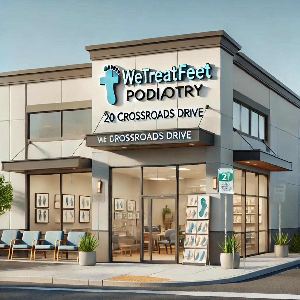 Top Diabetic foot list and the Exterior and interior view of WeTreatFeet Podiatry office in Owings Mills, MD with clean, modern design and welcoming waiting area.