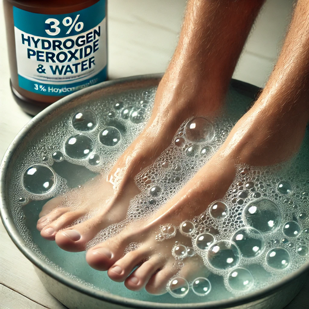 A pair of feet submerged in a basin filled with a hydrogen peroxide and water solution, with bubbles forming around the feet. A bottle labeled "3% Hydrogen Peroxide" is placed beside the basin