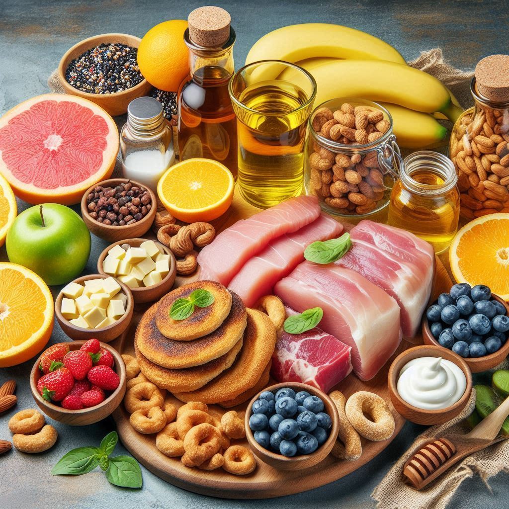 diabetic ulcer healing with Healthy and diverse breakfast spread with fresh fruits, meats, pancakes, nuts, and honey on rustic wooden board