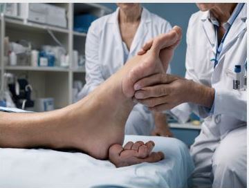 A podiatrist examines a patient’s foot for wound treatment at WeTreatFeet Podiatry