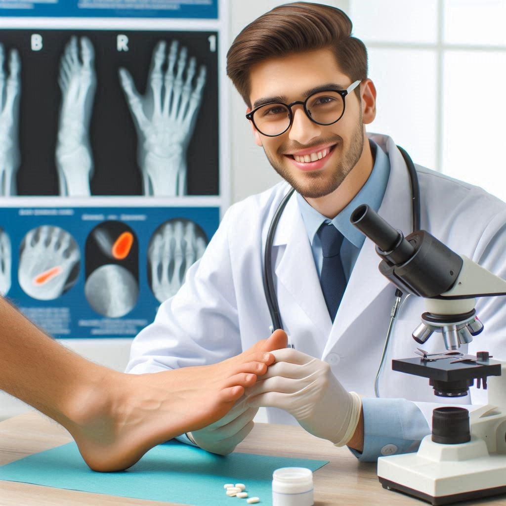 Illustration of a podiatrist examining a patient's foot, with a focus on the benefits of GLP-1 drugs for diabetic foot care