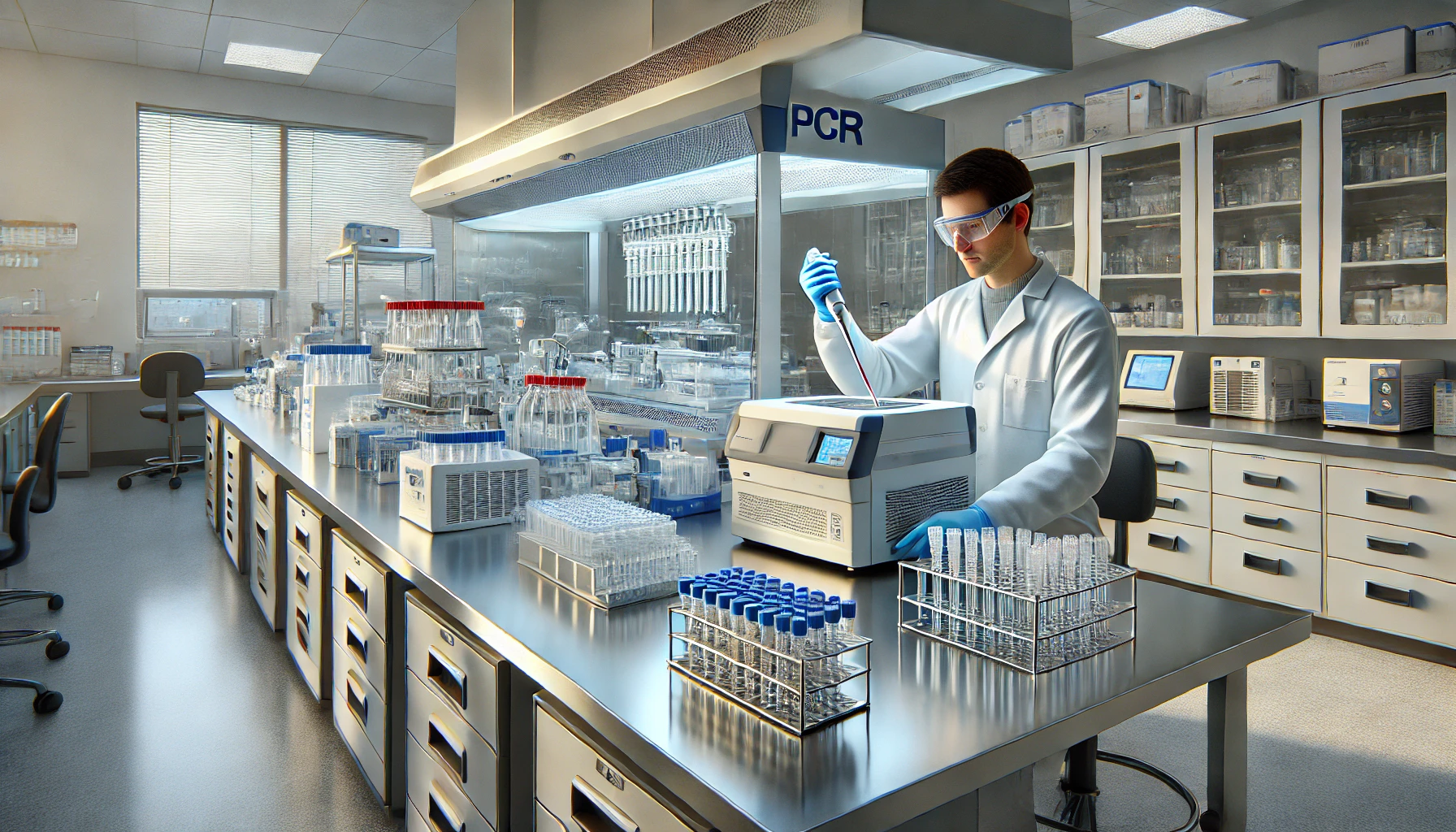 A modern PCR lab at WeTreatFeet Podiatry, featuring state-of-the-art equipment, including PCR machines, pipettes, and microcentrifuges. A scientist in a white lab coat, safety goggles, and blue gloves is carefully pipetting a sample into a PCR machine on a stainless steel countertop. The lab is well-lit with daylight streaming in through a large window, showcasing the clean and professional environment with storage cabinets and a chemical safety hood in the background.