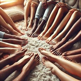 Preventative Wellness: A pair of bare feet standing on tiptoes on a soft, green surface, with various foot care items like a pumice stone, moisturizer, and nail clippers arranged around them.