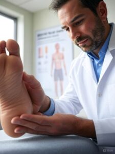 A WeTreatFeet podiatrist in a white coat holds and examines a patient’s foot in a clinical setting, with an anatomical chart in the background.