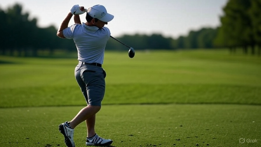 A golfer in a mid-swing pose on a lush green fairway, wearing WeTreatFeet Podiatry custom orthotics in their golf shoes for enhanced stability and foot pain relief.