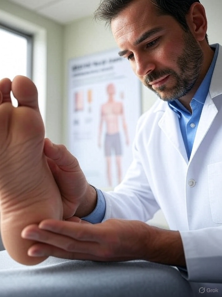 A WeTreatFeet podiatrist in a white coat holds and examines a patient’s foot in a clinical setting, with an anatomical chart in the background.