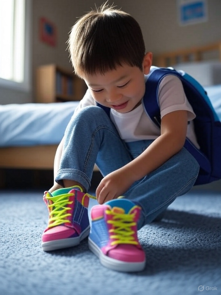 Child wearing colorful back-to-school sneakers and backpack, highlighting the importance of proper shoe selection for healthy foot development, promoted by WeTreatFeet Podiatry.