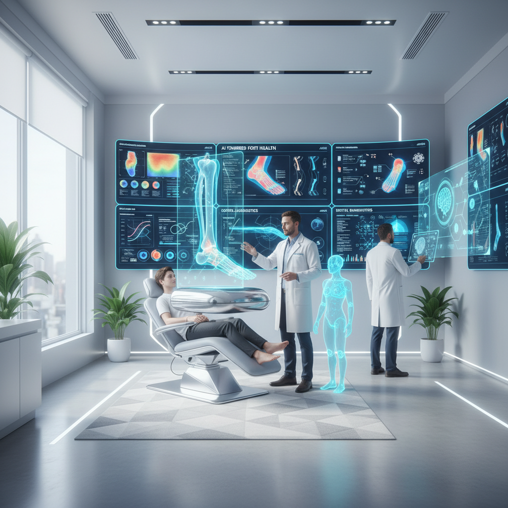 WeTreatFeet Podiatry clinic with podiatrists interacting with AI-powered digital assistants and holographic foot diagnostics in a bright, modern clinical environment.