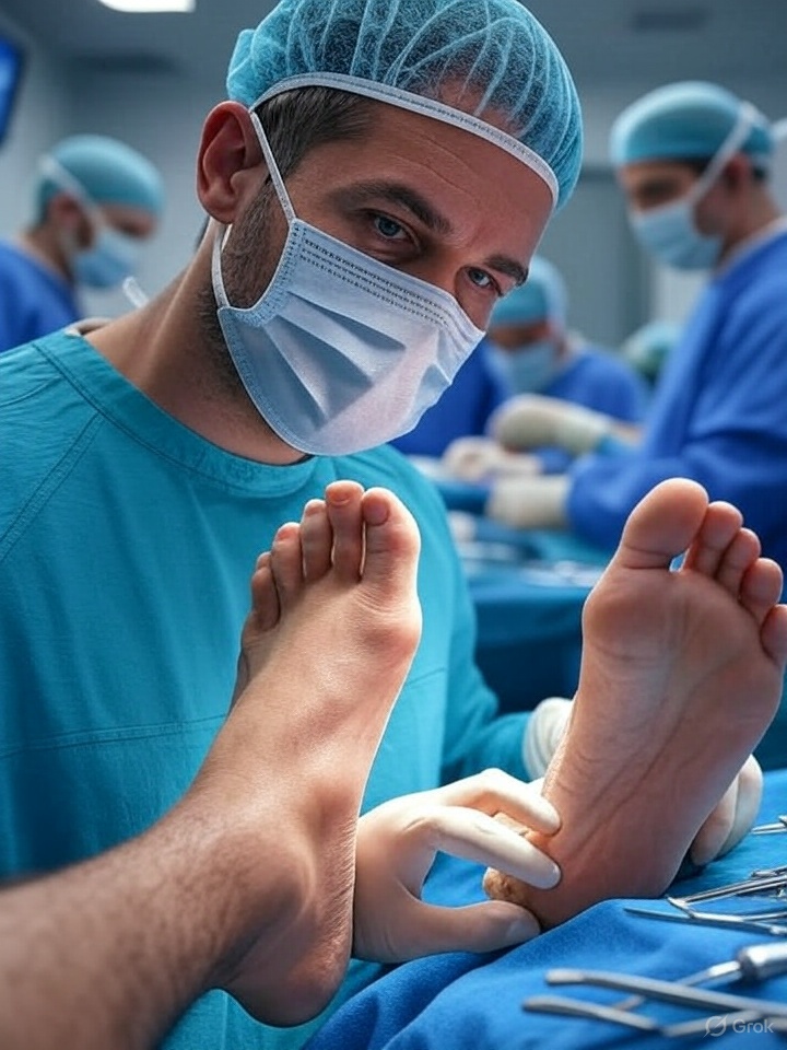 Foot and Ankle Surgery Clinical Trial – A podiatric surgical team examines a patient’s feet in an operating room, demonstrating advanced techniques used in clinical trials for improving foot and ankle surgery outcomes.