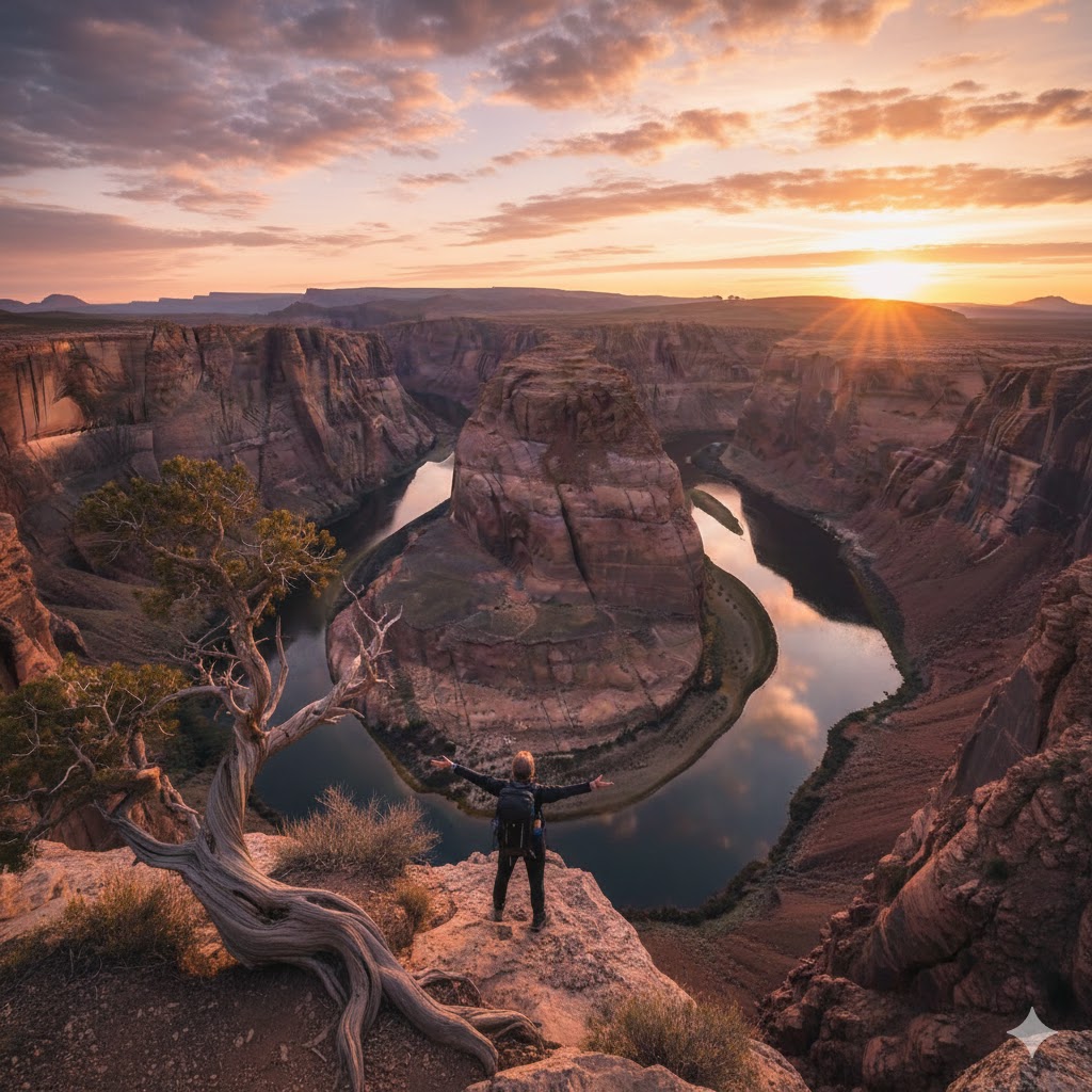 A person stands on a cliff overlooking a horseshoe-shaped bend in a river at sunset all because he has the right slippers