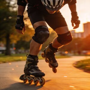 5 podiatrist-based rollerblading hacks: Adult rollerblader gliding on a smooth city path at sunset, wearing helmet and pads, with close-up focus on supportive inline skates and ankle alignment.
