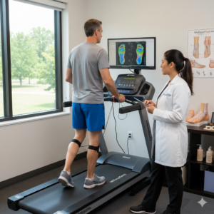A male patient walking on a treadmill at a WeTreatFeet Podiatry clinic while a female podiatrist monitors a digital gait analysis screen showing foot pressure maps.