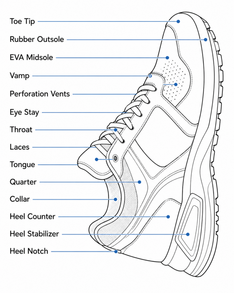 Line drawing of an athletic shoe in side view with callouts labeling the toe tip, vamp, laces, tongue, collar, heel counter, EVA midsole, and rubber outsole.